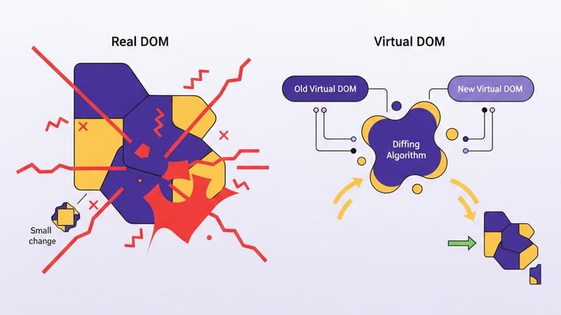 Сравнение Real DOM и Virtual DOM: как React оптимизирует обновления.