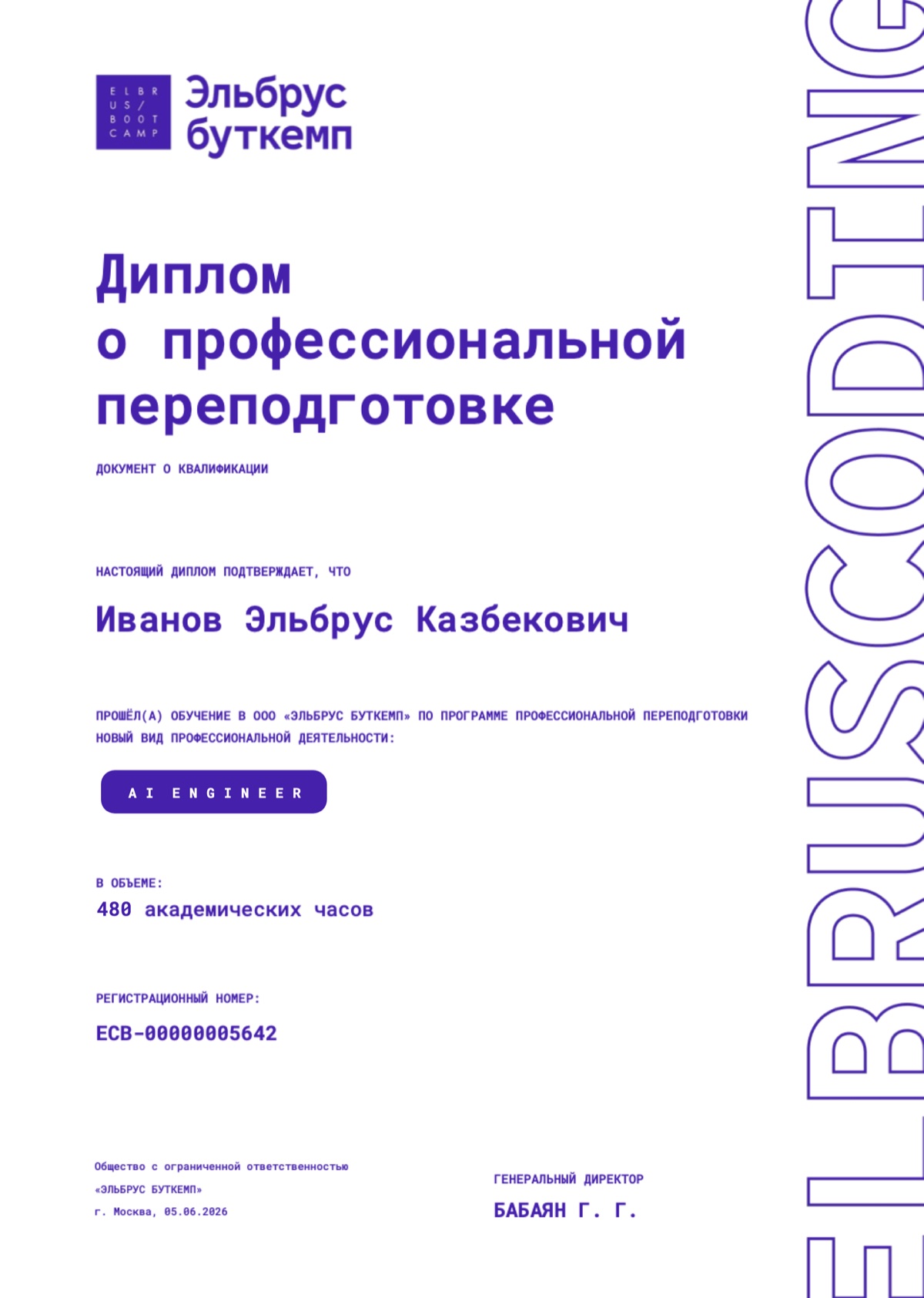 Образец диплома о профессиональной переподготовке: AI Engineer, 480 академических часов